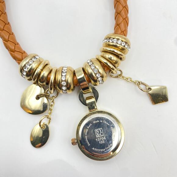 Signed NY&C Watch Charm Bracelet Heart Love Woven Brown Leather Gold Tone - 7" - Picture 5 of 10